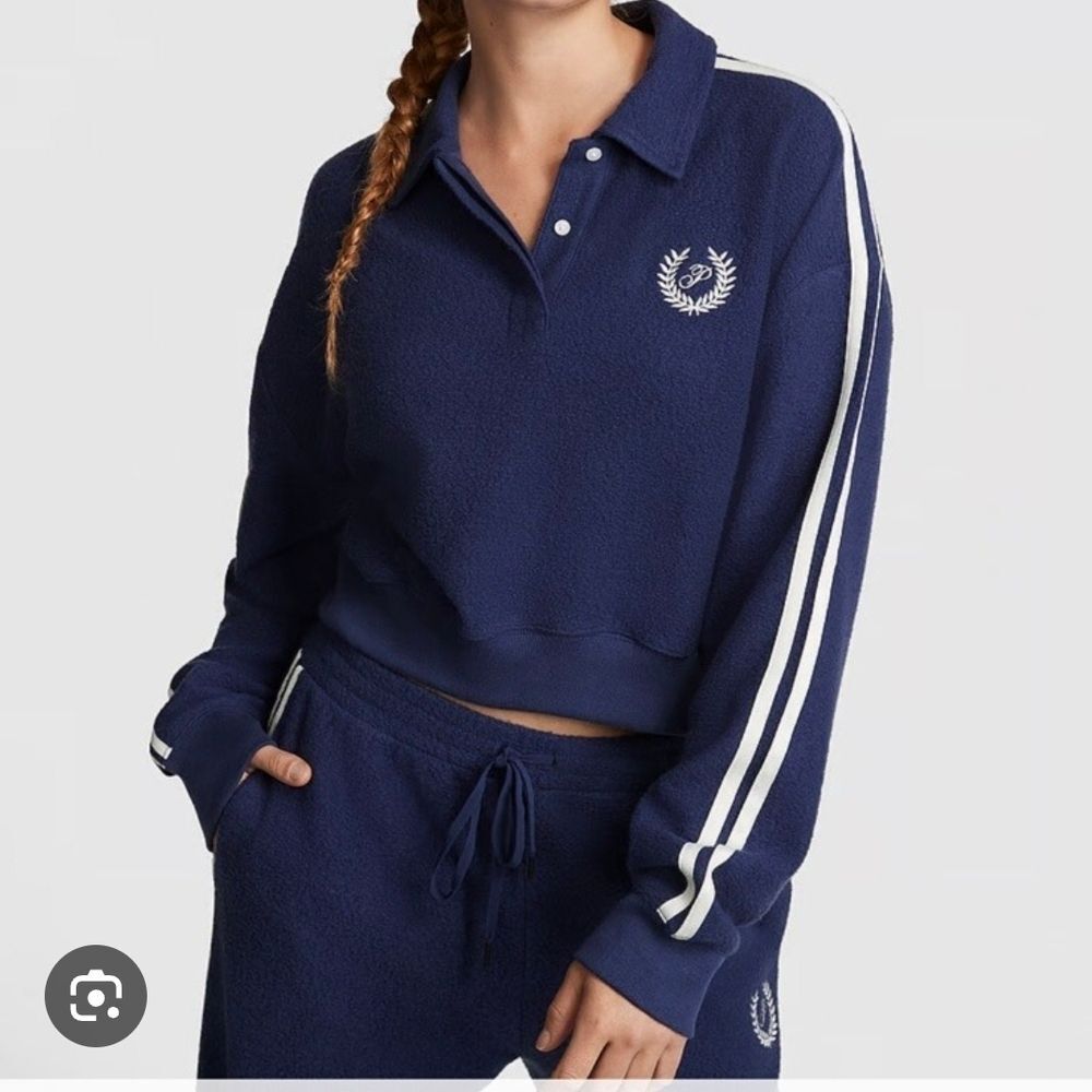 NWT Victoria's Secret Pink Reverse Fleece Cropped Polo Sweatshirt in navy XXL
